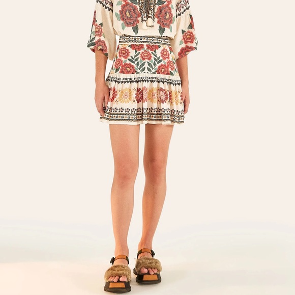 Farm Rio Mini Skirt Floral Cross Stitch pattern print - Size XL - Picture 3 of 7